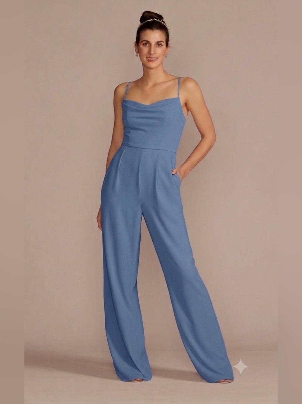 NWT David's Bridal DB Studio Steel Blue Cowl Neck Chiffon Jumpsuit Sz 22